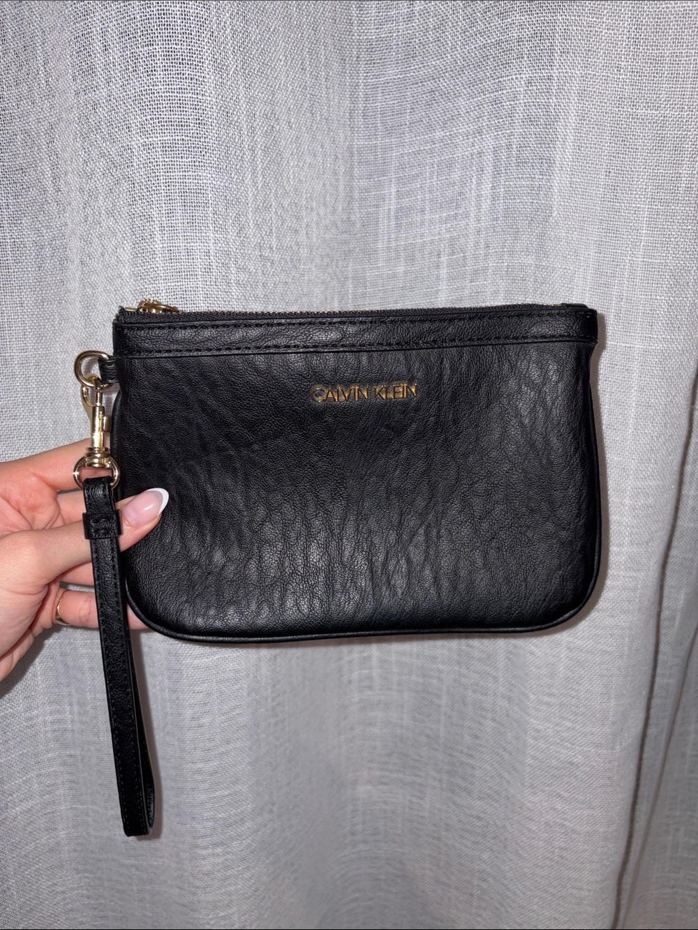 Calvin Klein Black Leather Wristlet Clutch with Gold Hardware